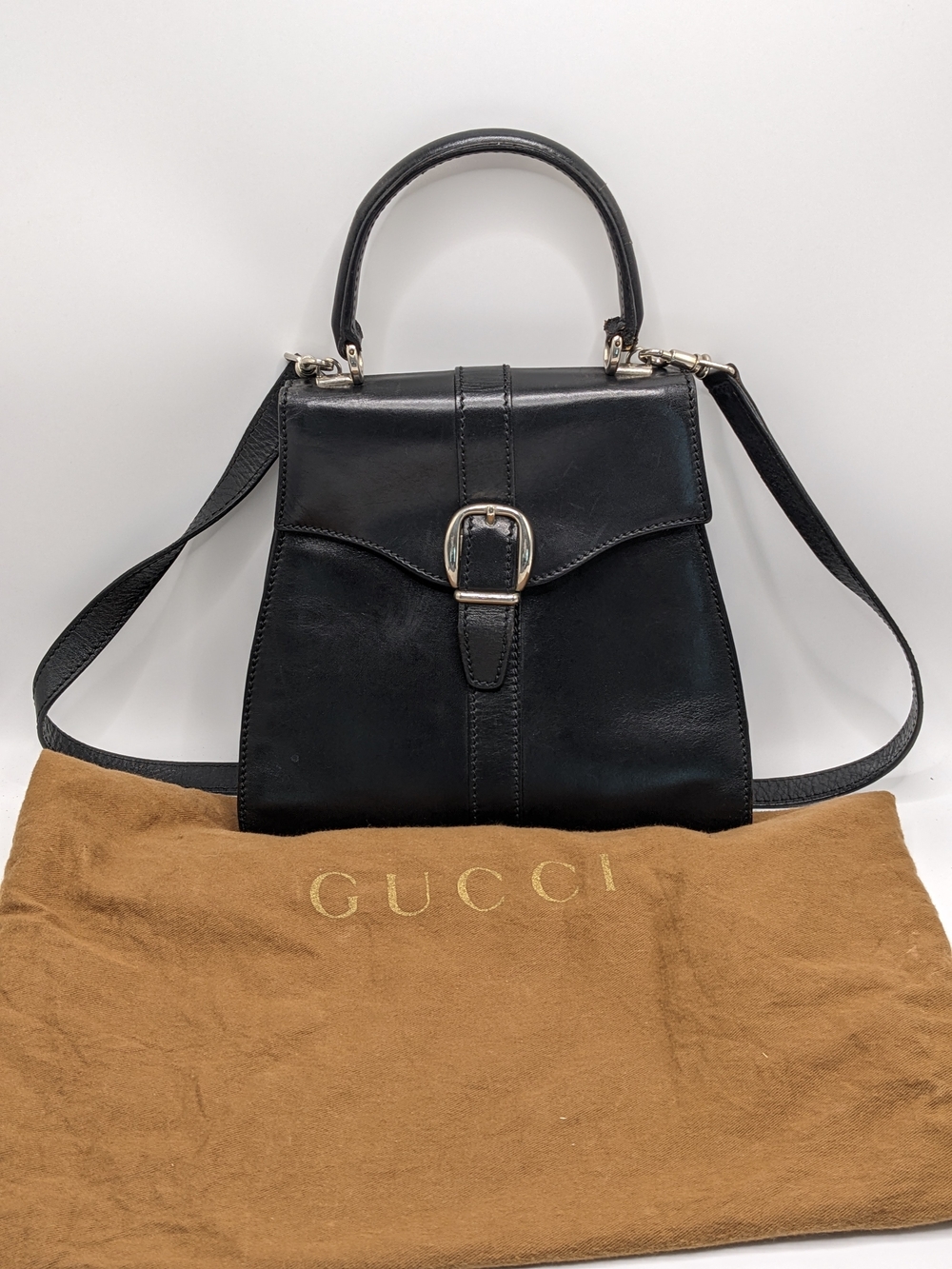 Vintage Gucci Black Leather Top Handle Crossbody Satchel Bag Italy